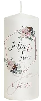 Scheinvoll® Hochzeitskerze Vintage mit Blumen 360 Grad Druck personalisiert - Modell Julia - Einzigartige Dekoration zur Hochzeit (20 x 8 cm)