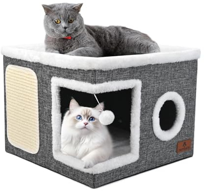 Katzenbetten für Indoor-Katzen, überdachtes Katzenhöhlenbett mit Kratzunterlage und flauschigem Ball, faltbares Katzenwürfelhaus, Katzenkondo Versteck mit wendbarem Kissen für mehrere kleine Haustiere