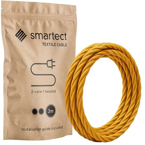 smartect Câble Textile tordu 2 Conducteurs (2 x 0,75mm²) en Or 3 Mètres | Vintage Fil Électrique Tissu, Câble Tissu Lampe idéal pour les Projets de Bricolage