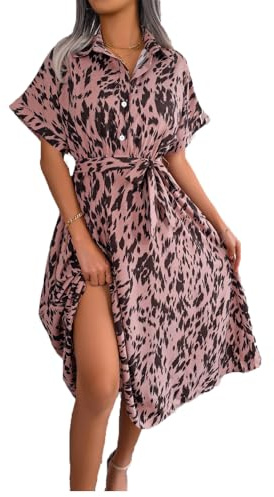 fdsmall Womens Boho Maxi Dress Summer Leopard Print Casual Short Sleeve Dress Floral Midi Tshirt Dresses (UK, Alpha, M, Regular, Regular, Pink)