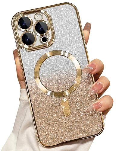 Misscase Magnetisch Hülle Kompatibel für iPhone 16 Pro Max, Glitzer Verlauf Handyhülle Kompatibel mit MagSafe, Stoßfest Anti-Kratzen mit Kamera Objektivschutz Niedliche TPU Schutzhülle-Golden