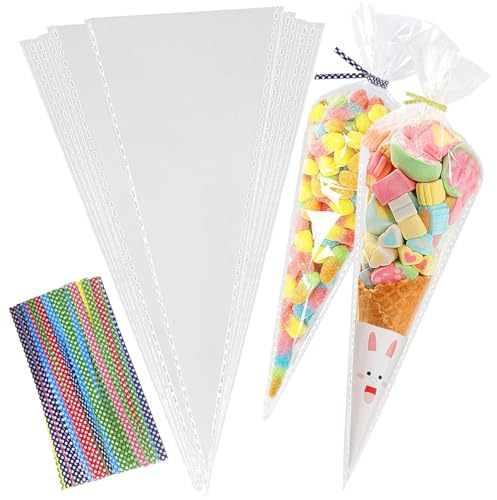 100 Stück Süßigkeiten-Tüten, 30×16cm Spitztüten Süßigkeiten, Zapfenbeutel mit 100 bunten Bändern, für Süßigkeiten, Kekse, Backen.