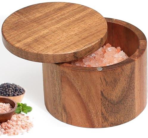 MeowAroma Salt Cellar with Lid, 1 Cup Acacia Wood Salt Container with Swivel Cover for Spice/Herbs/Seasonings, Wooden Salt Holder Box for Charcuterie/Kitchen, 8.5 oz