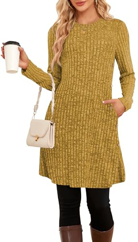 SENBATU Vestido de Manga Larga para Mujer Estilo Jersey de Punto túnica con Botones Laterales y Bolsillos(Amarillo,Medium)