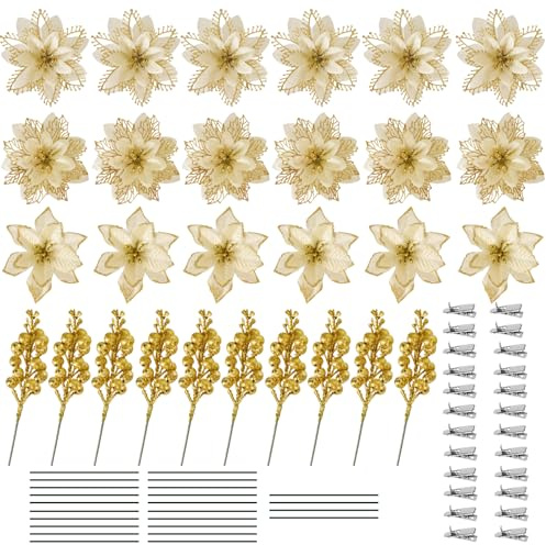 Hossom Weihnachten Funkeln Weihnachtsstern Blumen, Weihnachten Blumen | mit 10 Künstliche Beeren, Weihnachtsdeko, Poinsettia Weihnachtsblume für Weihnachtsbaum Ornamente Kranz Dekor (Gold)