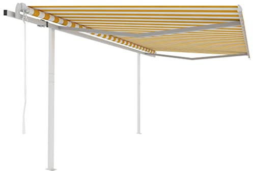 HaoChrymec Markise Einziehbar mit Pulverbeschichtetem Aluminiumrahmen, Elektrisch & Handbetrieben, Sonnenschutz für Balkon, Freistehende Markise, Gelb Weiß, 450x350 cm