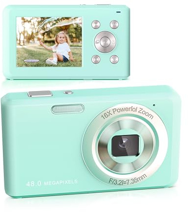 Cámara Digital, HD 1080P Cámara Compacta con 32GB Tarjeta de Memoria, 48 Megapíxeles Cámara, 2.4-Pulgadas LCD 16x Zoom Digital Cámara Digital para Niñas, Adolescentes,Principiantes(Verde)
