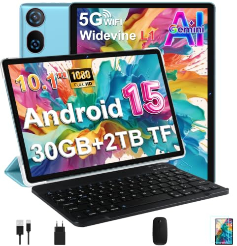 DMOAO Tablet 10 Zoll Android 15 mit Tastatur, Gemini AI, 30GB RAM + 64GB ROM (2TB Erweiterung), 5G WLAN, Widevine L1, Octa-Core, GPS, Face ID, FHD IPS, 6000mAh, USB, Blau
