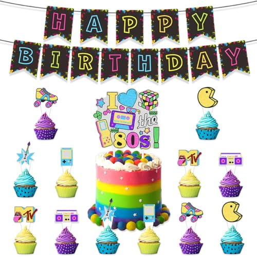 KSHGTB 80s Birthday Party Decoration Set - Includes 80s Theme Banner, Cake Topper & Cupcake Toppers | Perfect for Party Decorations & Party Supplies