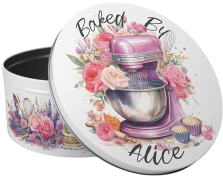 Purely Home Pink Roses Personalised Cake Tin - Kitchen Mixer Baking Gifts for Her - Large Round Metal Kitchen Storage Container 23 x 10cm