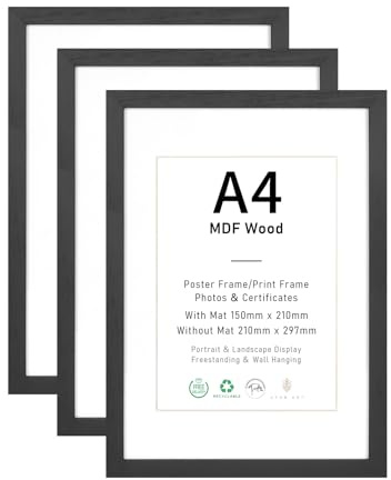 ATOBART Schwarz A4 Bilderrahmen MDF Holz, 3er Set, 21x29,7cm | DIN A4 Rahmen mit Acrylglas, Picture Frame A4 zum Aufhängen,Zertifikate,Fotos,Poster