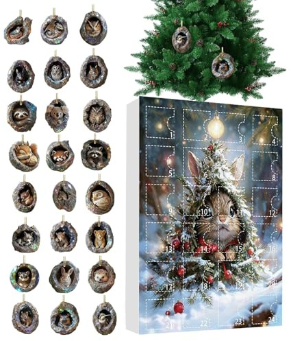 Mihauuke Calendrier de l'Avent Animalier 2025 | Calendrier 2D en Acrylique 24 Jours Charme de Noël Décor pour Trou d'Arbre - Pendentif Animal De Fête | Pour Sac À Dos Arbre De Noël Porche Balcon