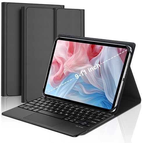 Universal Keyboard Case for 9/9.7/10/10.1/10.2/10.3/10.5/10.6/10.9 | Rechargeable Bluetooth UK Layout Trackpad Keyboard, Cover with Stretch Strap for Android, IOS 9-11 Inch Tab, Black
