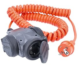 as - Schwabe Baustellen-Spiralleitung 230V/16A dehnbar von 1 bis 5 m 70414 | H07BQ-F 3G1,5, Robuste Schutzkontakt-Spiralleitung, Verlängerungskabel mit 3-fach Kupplung, IP44, Made in Germany, Orange