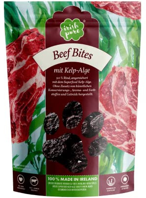 Irish Pure Beef Bites mit Kelp-Alge - 1 x 150 gr Rinderhäppchen aus 90% Fleisch, Training Hund, Getreidefrei, Hunde Belohnung, 100% Natürlicher Snack, Hundeleckerli, Gesunder Hundesnack, Kausnack -