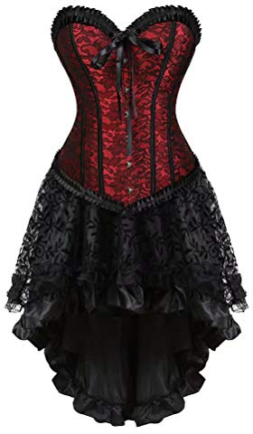 Korsett Kleid Damen Rock Set Vollbrust Corsage Corsagenkleid Spitze Asymmetrisch Rot XL