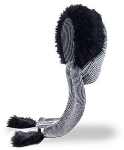 Futrzane Classic Kapuzenschal - Winter Schalmütze Damen - Mützenschal mit Fell (Grau - Schwarz Classic)
