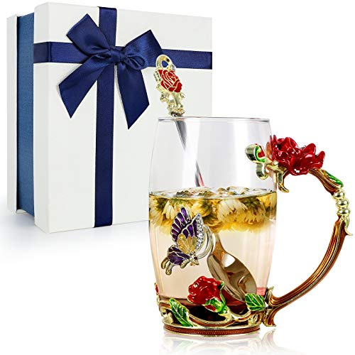 STRMZD Émail Papillon Tasse Fleurs, avec cuillère Tasse à café en Verre Transparent sans Plomb, Cadeaux personnalisés pour Petite Amie, Anniversaire, Amis, mère, Grand-mère, Noël, Halloween, Dames