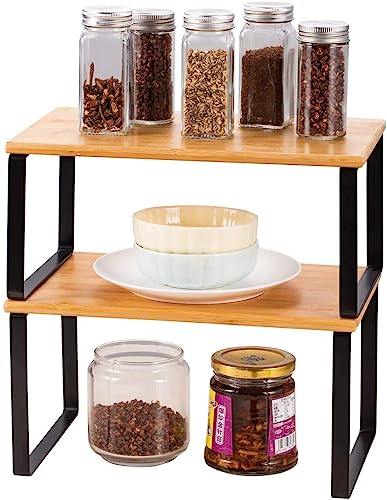 LIANTRAL Küchenschränke Organizer 2er Set, Küchenregal, Küchen Organizer aus Metall und Bambus, Erweiterbar und Stapelbar Gewürzhalter, kleines Regal, B 29,7 cm, Naturfarben und Schwarz