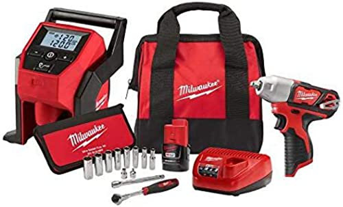Milwaukee M12 Kit combinado de llave de impacto e inflador inalámbrico de iones de litio de 12 voltios de 3/8 pulgadas con juego de llaves métricas de 3/8 pulgadas