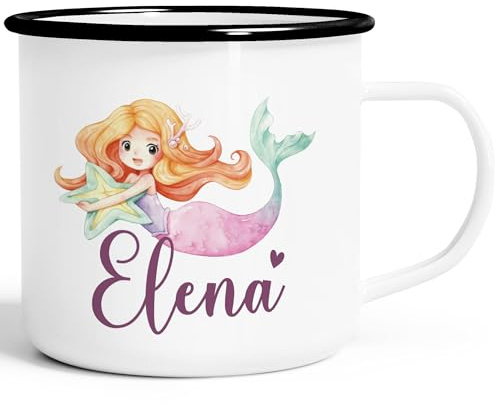 SpecialMe® Emailletasse Meerjungfrau Prinzessin Kinder Motiv personalisiert Becher Emaille personalisierte Geschenke Weiss-schwarz Emailletasse