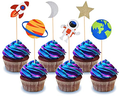 Bymivofun 30 Piezas Adornos para Cupcakes del Espacio Exterior, Decoración para Tartas con Purpurina para Planetas Astronauta Cohete, para Niños, Cumpleaños, Nave Espacial, Suministros para Fiestas