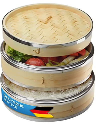 Dimono® Vaporera de bambú con acero inoxidable, Vaporera de 2 niveles con tapa, Cesta de cocción de arroz Cocedor de bambú para Sim Sum Dumplings, Verduras, Arroz, Carne, Pescado (Ø 24 cm)