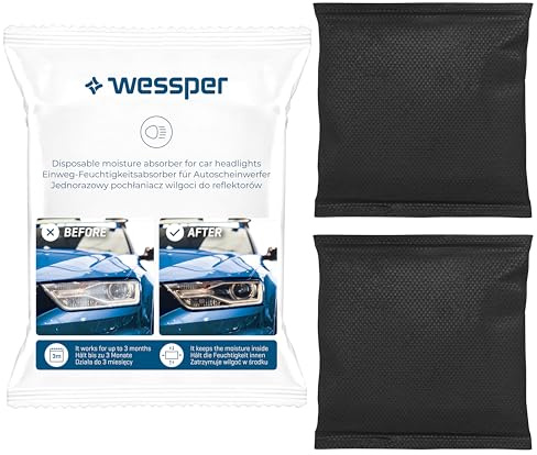 Wessper AQUADRYER ON-OFF Set di 2x Deumidificatore per Auto | Nero, Piccolo Cuscino Deumidificatore (2x50g) Assorbi Umidità Contro l'Appannamento dei Fari | Disidratante da Granuli Interni Auto e Fari