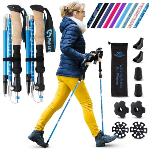 Wanderstöcke für Frauen -35cm Faltbare Trekkingstöcke für Rucksackwandern, Sport und Reisen, Set aus 2 Aluminium Nordic zusammenklappbaren Trekkingstöcken. (100-120cm, Blue Bloom)