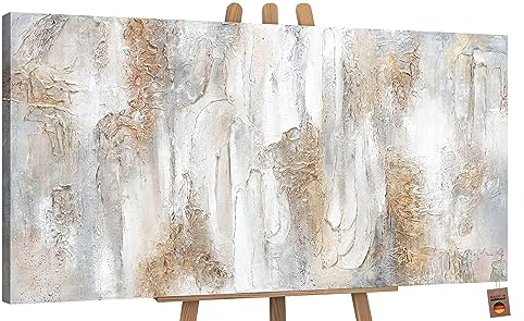 YS-Art Abstrakt Design Acryl Gemälde auf Leinwand Philosophie handgemalt Wandbilder Wohnzimmer modern Wohndekor Bilder Büro Gold Grau echtes Kunstwerk 160x80 cm