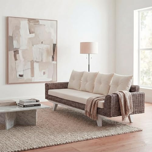 Mendler Sofa HWC-M32 209cm Kubu Rattan Natur Stoff/Textil Polster Creme | 4-Sitzer, Couch, Rattansofa, Loungesofa, mit Kissen