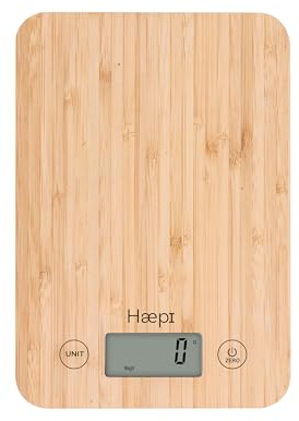 Haepi, Bilancia da cucina elettronica in bambù di alta precisione 5000g/1g, funzione tara, funzione liquida, design, vassoio in bambù, batterie incluse, garanzia 15 anni
