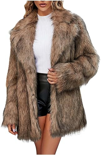 Faux Fur Winter Long Coats Women Warm Lapel Faux Fur Fuzzy Coat Jacket Overcoat Fashion Open Front Cardigan Outerwear Brown