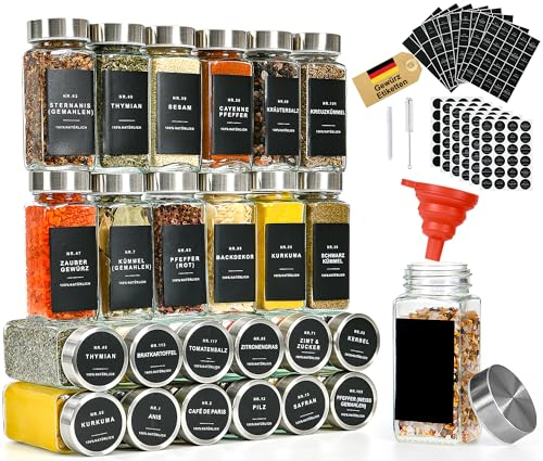 Gewürzgläser Eckig mit Gewürzetiketten 25er: Glas Gewürzdosen 120ml, Spice Jars mit Streueinsatz, Trichter, Bürste, Kreidestift, Für Küche Gewürze Aufbewahrung, Gewürzregal, Schublade