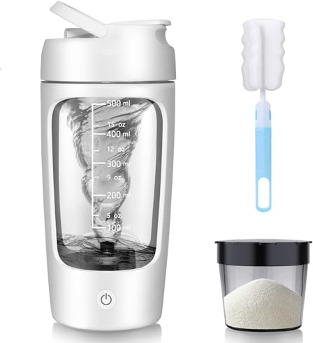 SOARFLY Elektrischer Shaker mit Pulverfach 650ML, USB Wiederaufladbar Protein Mixer Shaker für Proteinshake und Milch Shake, BPA-frei, Weiß