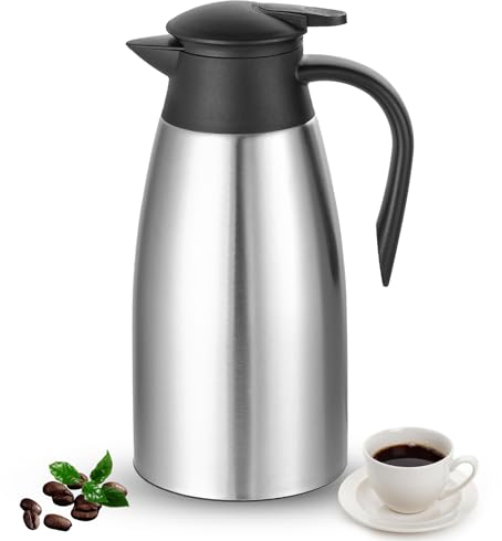 Osrioal 2L Thermal Coffee Pot, Stainless Steel Insulated Coffee Carafe with Press Button Top, Double-Walled Vacuum Jug, for Hot and Cold Drinks, Tea, Water, Beverage, Silver