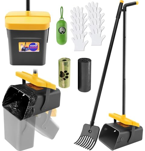 LANNEY Pooper Scooper - 46 Long Adjustable Handle Dog Pooper Scooper, Swivel Bin, Rake and 35 Waste Bag, Heavy Duty Poop Scooper for Large Medium Small Yard Dog Pet