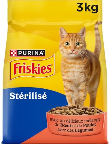 FRISKIES | Chat | Croquettes complètes pour Chats Adultes stérilisés | Au Boeuf, Au Poulet et aux Légumes | Aliment complet pour les chats stérilisés | Sac | 3 KG