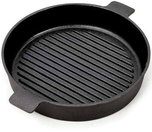 Warmiehomy Cast Iron Griddle Pan,27cm Pre-Seasoned Non-Stick Grill Pan,Round BBQ Cast Iron Skillet with 2 Handles for Gas Induction Electric Hobs and Oven Safe,Ridge Surface