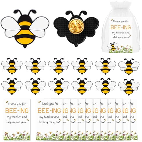 Misdary Teacher Appreciation Gift Cute Bee Lapel Pin Bee Badge Thank You Cards and Organza Bag Back to School Gifts, Metal, alloy