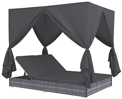 Willood Outdoor-Lounge-Bett mit Vorhängen Poly Rattan Grau