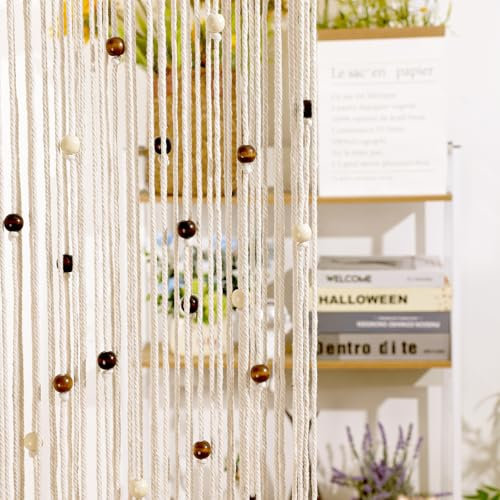 BECHAEO Makramee-Perlenvorhang, Boho-Stil, handgefertigt, Baumwolle, Türvorhang für Tür, Fenster, Holzperlen, zum Aufhängen, Hippie-Raumteiler, Schrank, Schlafzimmer, Privatsphäre, Dekoration, Braun,