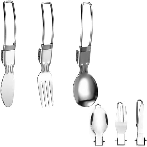 3Pcs Foldable Camping Utensil Set, Portable Stainless Steel Folding Fork Spoon and Knife, Multifunctional folding tableware,Outdoor tableware,Travel tableware (3Pcs)