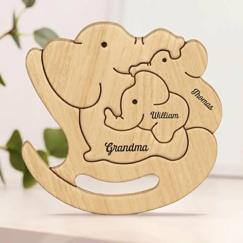 Drawelry Personnalisé Éléphant Puzzle en Bois avec 2 à 8 Noms de Famille Elephant Wood Puzzle Sculpture Animale Statue Maison Décoration pour Mama Papa Enfants Bébé Anniversaire Noël Cadeaux (E3)