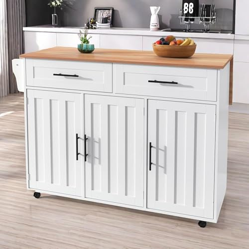Wyibwy Carrello da cucina,isola da cucina su ruote con piano di lavoro pieghevole,isola da cucina mobile con 2 cassetti e 3 ripiani,carrello da pranzo con venature in legno,120x46x91,5 cm,Bianco