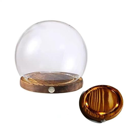 Tabletop Display Case,Clear Glass Dome Cover,1 Set Glass Cover Cloche Dome with Base Glass Cloche Light up Display Stand Dome Bell Jar Clear Glass Display Globe Glass Clock(Carbonized Wood Color,25cm)