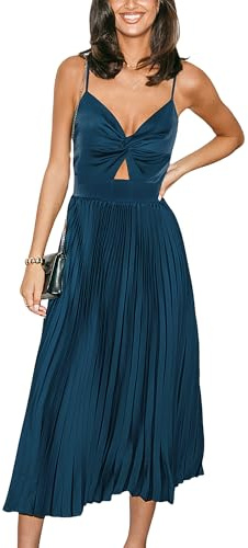CUPSHE Damen Kleid Satin Ärmellos Plissiert Front Twist Party Maxikleid | Verstellbare Spaghettiträger, eleganter Cut-out an der Taille und fließender Rock mit femininem Fall.