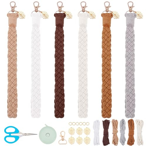 FREEBLOSS 6 Set Makramee Schlüsselanhänger Set DIY Makramee Blätter Schlüsselanhänger Set Mit Anleitung Makramee Armband Makramee Hängedekor DIY Makramee Set Für Anfänger