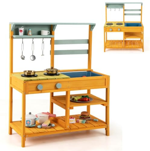 HOMASIS Matschküche Kinder Outdoor, Kinderküche mit Waschbecken Spüle Herd, Spielküche Holz, Spielzeugküche mit 3 Haken & Regalen, Holzküche Gartenküche für Kinder ab 3 Jahren (Gelb)