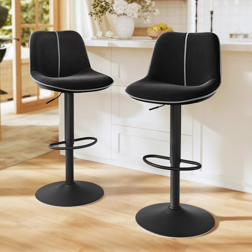 VASAGLE Lot de 2 Tabourets de Bar, Pivotants, Réglables en Hauteur, Dossier Ergonomique, Velours, Base Métallique, Modernes, pour Îlot de Cuisine, Bar, Noir d'encre LJB188B01